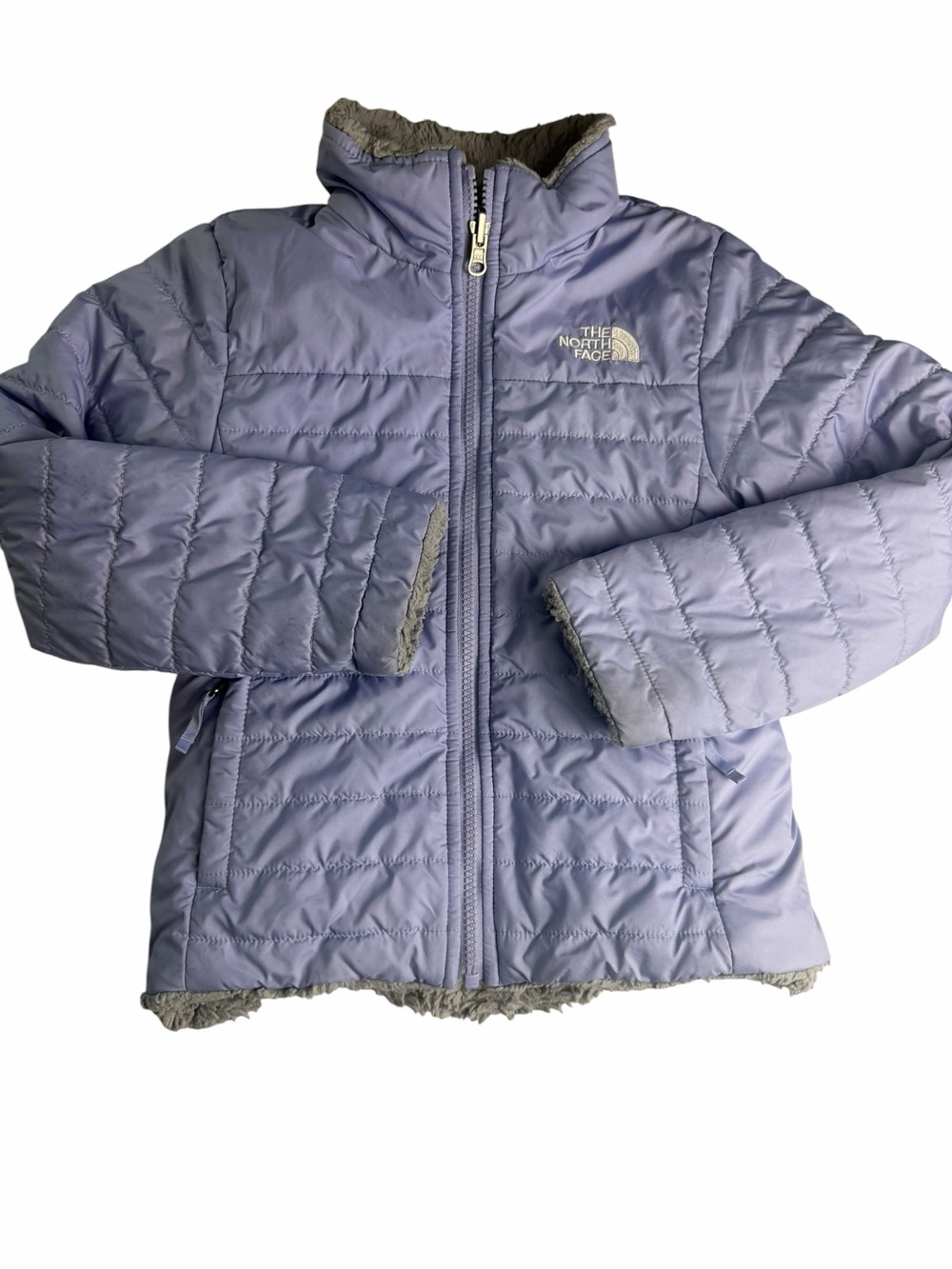 The North Face Reversible Puffer Jacket Purple gray Sherpa Warm coat girls xs